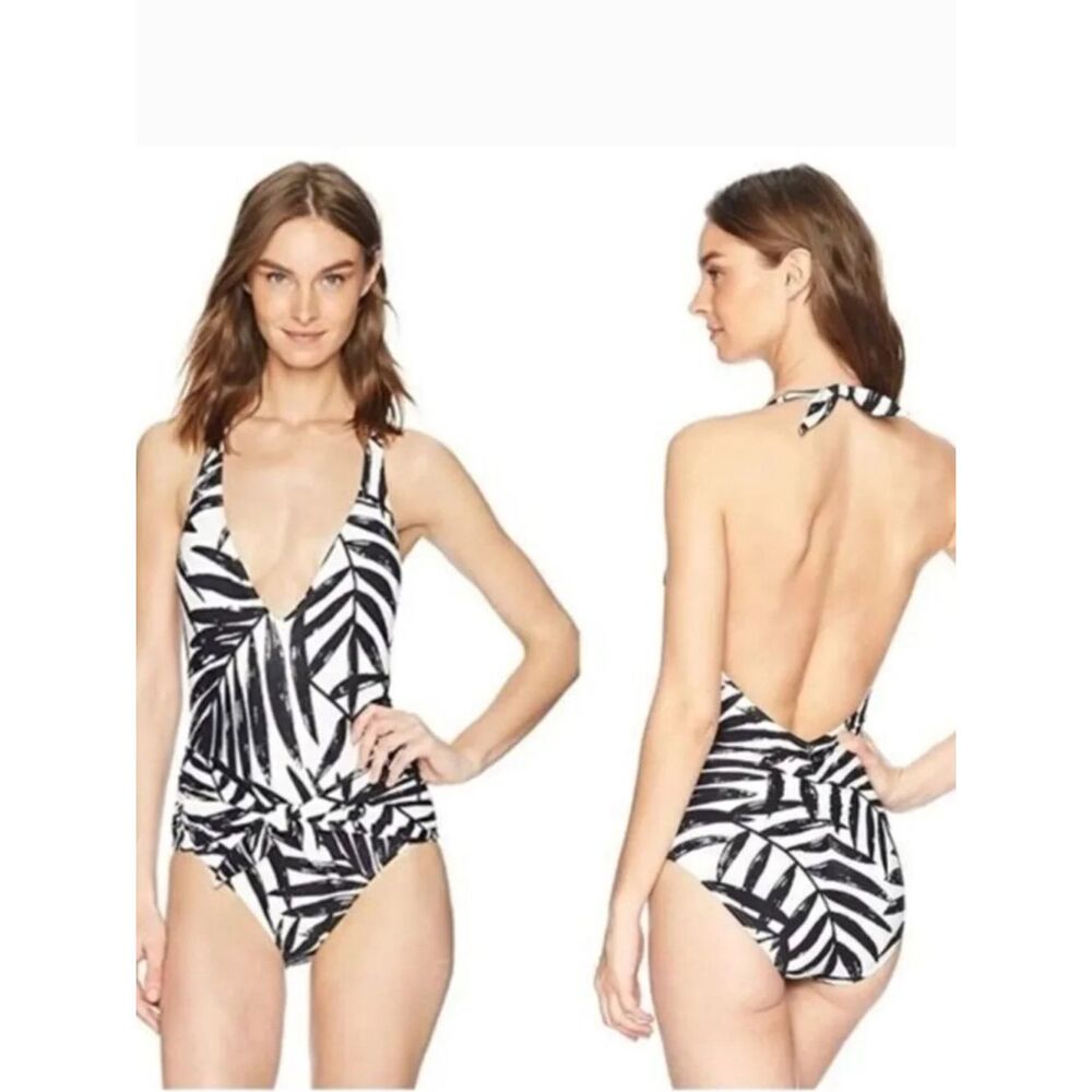 CARMEN MARC VALVO Palm Printed V-Neck Tie-Front One-Piece Swimsuit